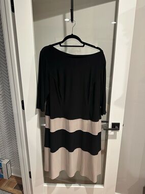 Chaps Black and Cream Striped Colorblock Midi Dress